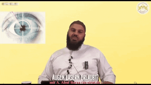 a man with a beard is giving a speech with the words augen lasern erlaubt