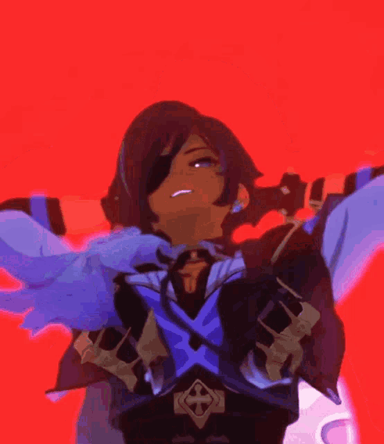 a blue and black anime character with a sword and a red background