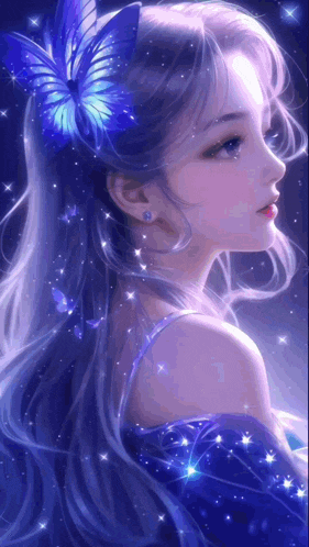 a painting of a girl with a butterfly in her hair .