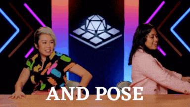 two women sitting at a table with the words " and pose " written on the bottom