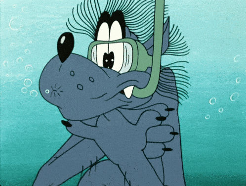 a cartoon wolf wearing a diving mask and snorkel