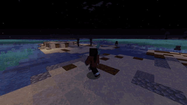 a group of skeletons are standing on a beach in a minecraft game