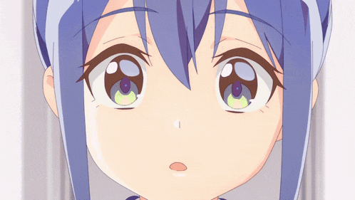 a close up of a anime girl 's face with blue hair and green eyes