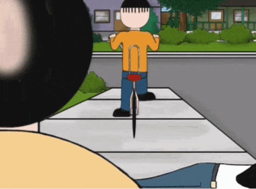 a cartoon of a man riding a bike with a red tail light