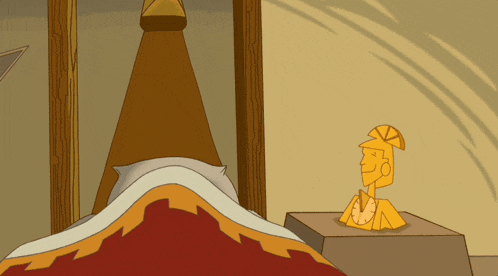 a cartoon drawing of a bed and a statue of a man with a hat