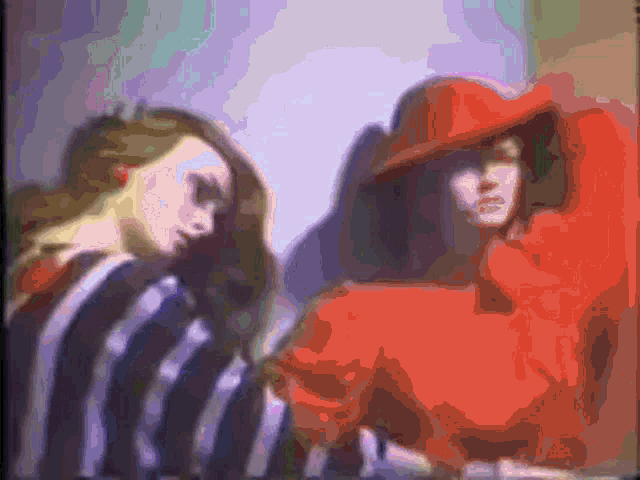 a pixelated image of two women one wearing a red hat