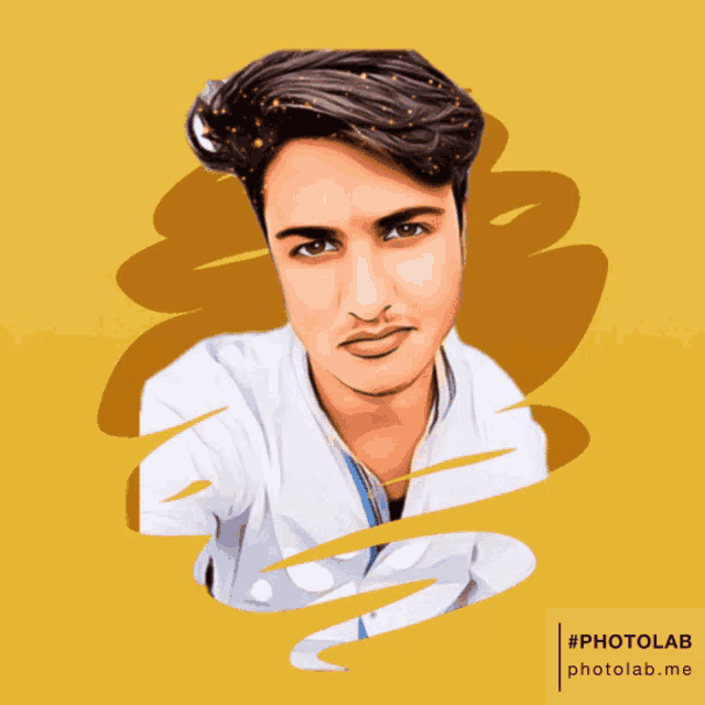 a drawing of a young man with a yellow background and the words photolab on the bottom