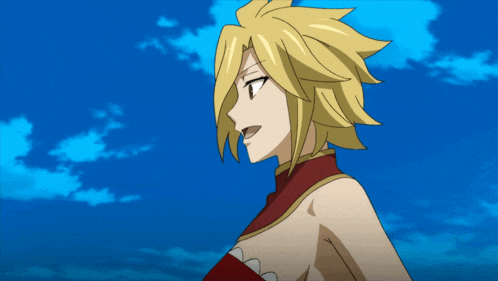 a female anime character with blonde hair and a red top stands in front of a blue sky