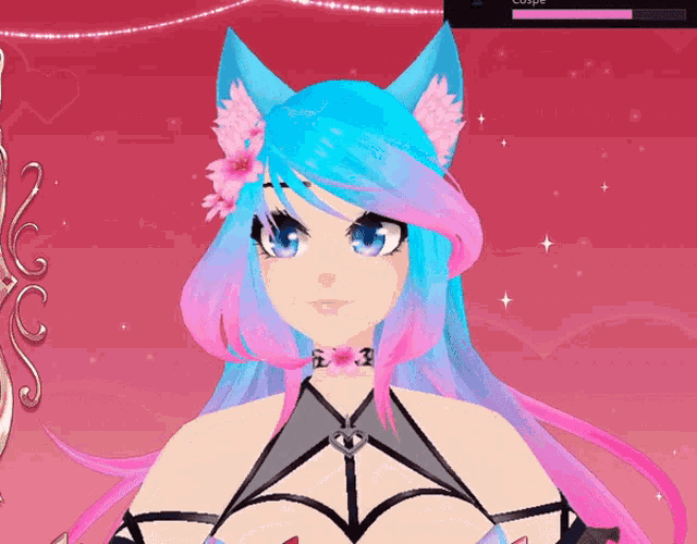 a girl with blue and pink hair is wearing a choker and has a flower in her hair
