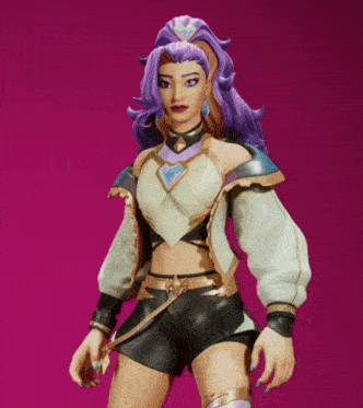 a woman with purple hair is wearing a white jacket