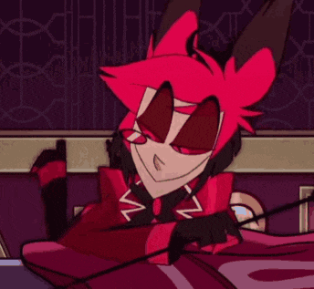 a cartoon character with red hair and red eyes is sitting in a chair .