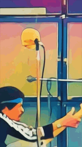 a cartoon drawing of a person holding a microphone in front of a window