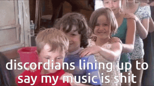 a group of children standing next to each other with the caption discordians lining up to say my music is shit .