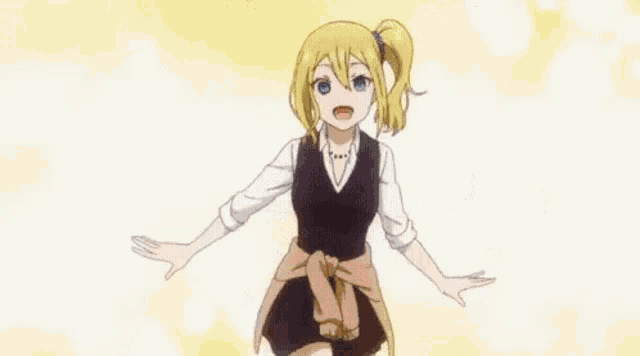 a blonde anime girl with blue eyes and pigtails is giving a thumbs up .