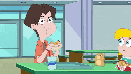 a cartoon of a boy eating a sandwich and a girl eating french fries
