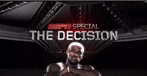 a man is holding a basketball in front of a sign that says the decision .