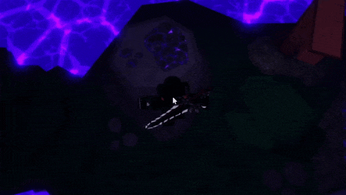 a person holding a chainsaw in a dark room with purple lights