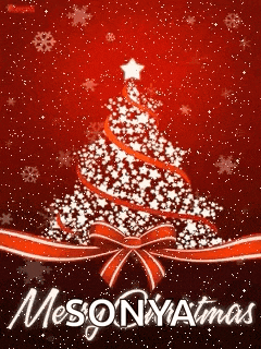 a merry christmas card with a christmas tree made of stars and ribbons