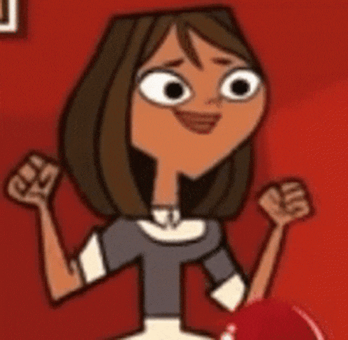 a cartoon girl is smiling and holding her fist up in the air .