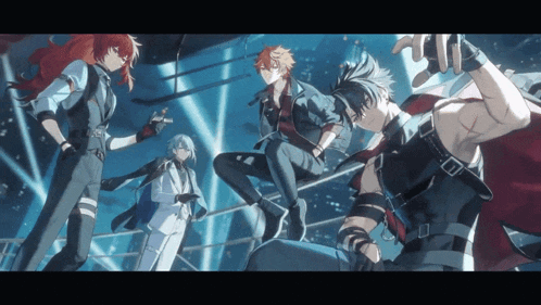 a group of anime characters are standing and sitting in a room