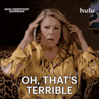 a woman talking on a cell phone with the words oh that 's terrible