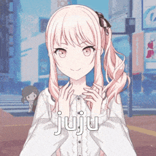 a girl with pink hair and the word juju written on the bottom