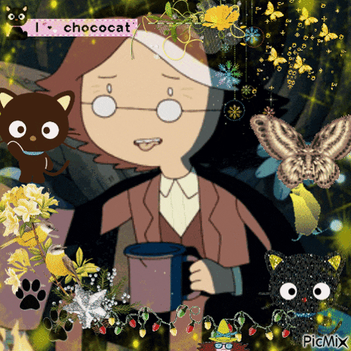 a cartoon of a man with glasses holding a cup of coffee with the words i 'm chococat above him