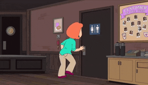a cartoon character stands in front of a door with a sign that says customer of the year