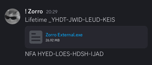 a screenshot of a message from zorro which says lifetime yhdt-jwid-leud-keis 26.92 mb
