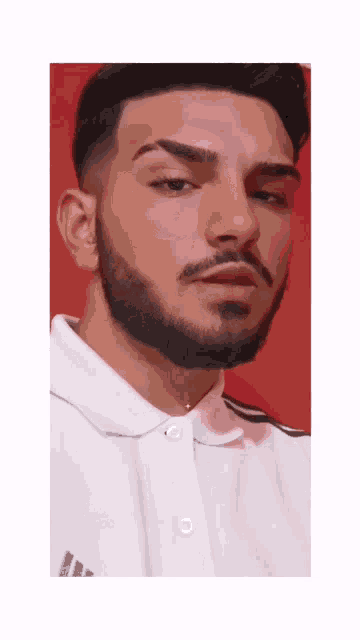a man with a beard is wearing a white adidas polo shirt