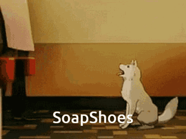 a cartoon dog is sitting in front of a wall with the word soapshoes written on it