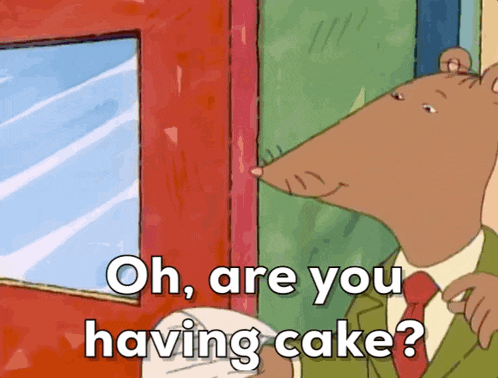 a cartoon character is asking if someone is having cake