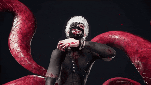 a man with a mask on his face and red tentacles behind him