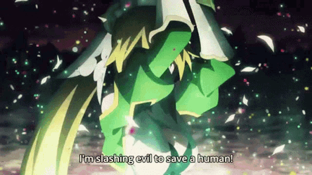 a woman in a green outfit is slashing evil to save a human