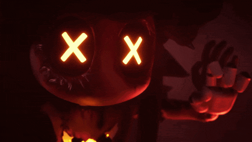 a cartoon character has glowing x 's on his eyes