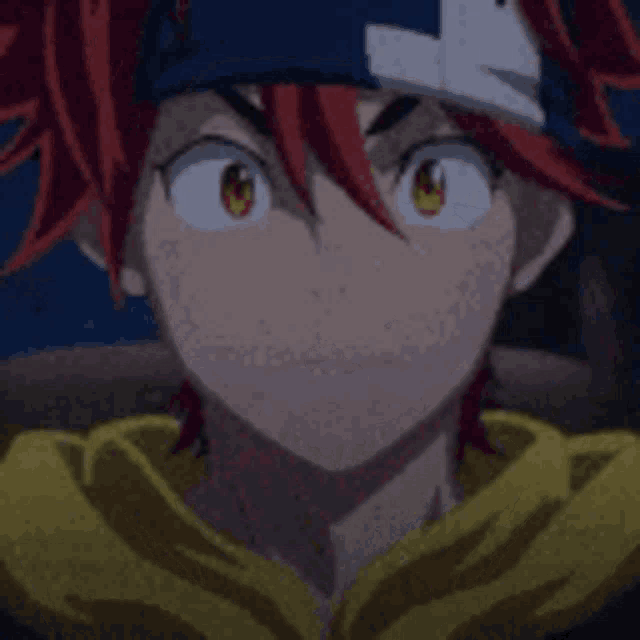 a close up of a person 's face with red hair and a yellow hoodie .