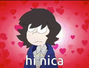 a cartoon character says hi nica in front of a red background of hearts