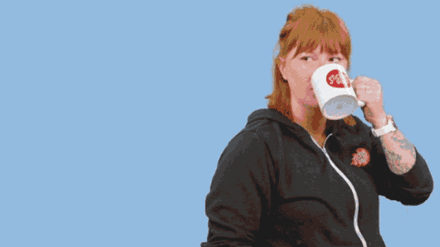 a woman holding a cup of coffee in front of a blue background that says " good morning "