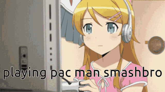a girl wearing headphones playing pac man smashbro