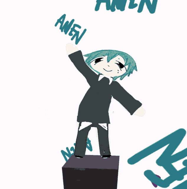 a drawing of a person standing on a block with the word amen behind him
