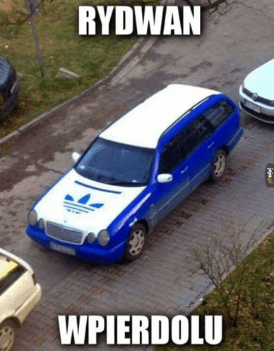 a blue and white car with the word rydwan written above it