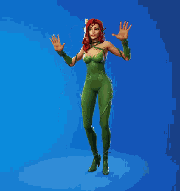 a woman in a green ivy costume is waving her hands in the air