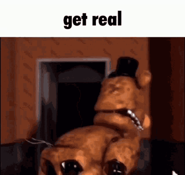 a teddy bear with a top hat is sitting in a room with the words `` get real '' written on it .