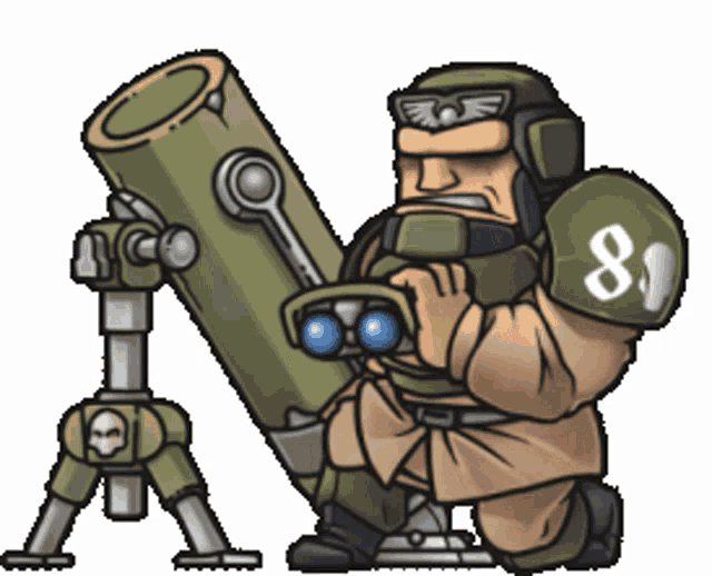 a cartoon drawing of a man holding a mortar with the number 8 on his arm