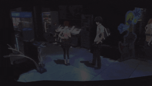 a woman is standing in a dark room next to a drawing of a cat