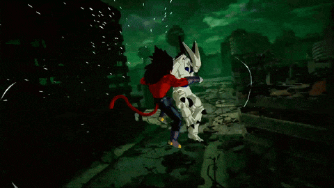 a video game character is holding a sword in a dark room