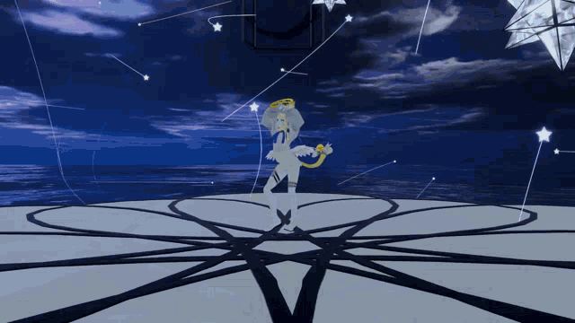 a cartoon character is standing in a circle in front of a body of water