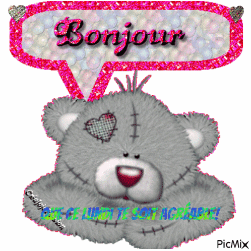 a picture of a teddy bear with a heart in its eye and a sign that says bonjour