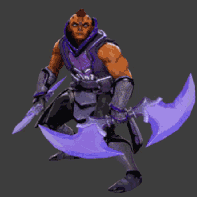 a video game character is holding two purple swords in his hands