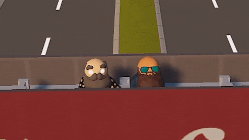 two cartoon characters with beards and sunglasses are standing next to each other on a street .